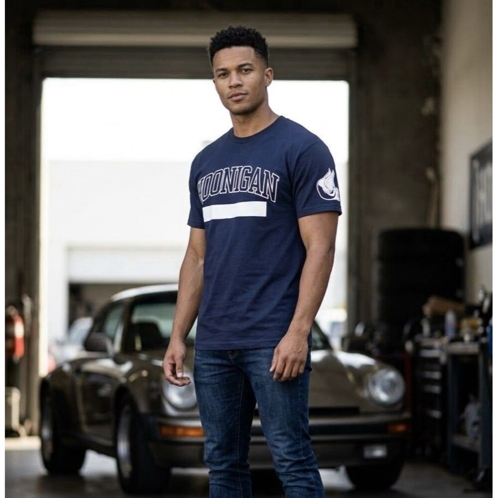 Hoonigan Mens T Shirt Medium Navy Blue Graphic Sleeve Winged Tire Drift Gymkhana